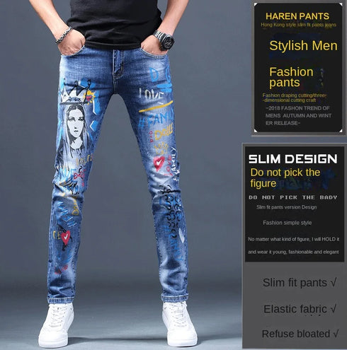 Slim Fit Korean Streetwear Graphical Printed Luxury Hip-Hop Stretch Denim Jeans for Men - Perfect Medium Wash Jeans Outfit